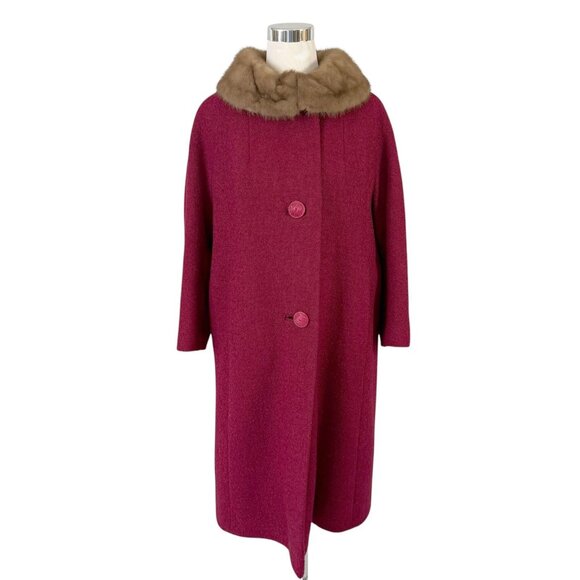 Shagmoor Red Wool Tweed Coat Beige Mink Collar May Co Size Medium Vintage 1960s - Picture 4 of 13